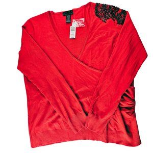 Holiday Christmas Red Wrap Sweater Women's XL Beaded Appliqué
